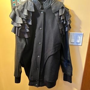 Graeme Armour, leather embellished wool, modern, letterman jacket.
